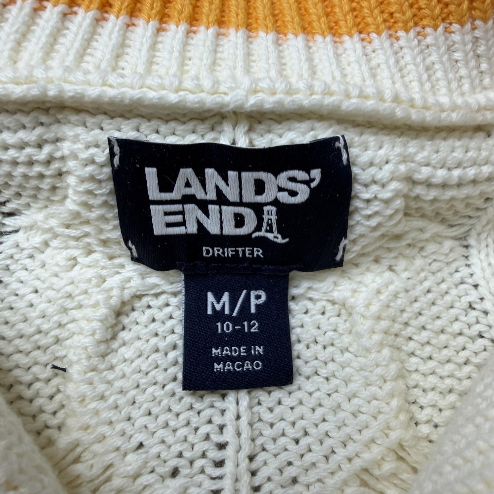 Lands' End Sweater Womens Medium White Cable Knit 1/4 Zip Mock Neck Striped Hem - Picture 2 of 8